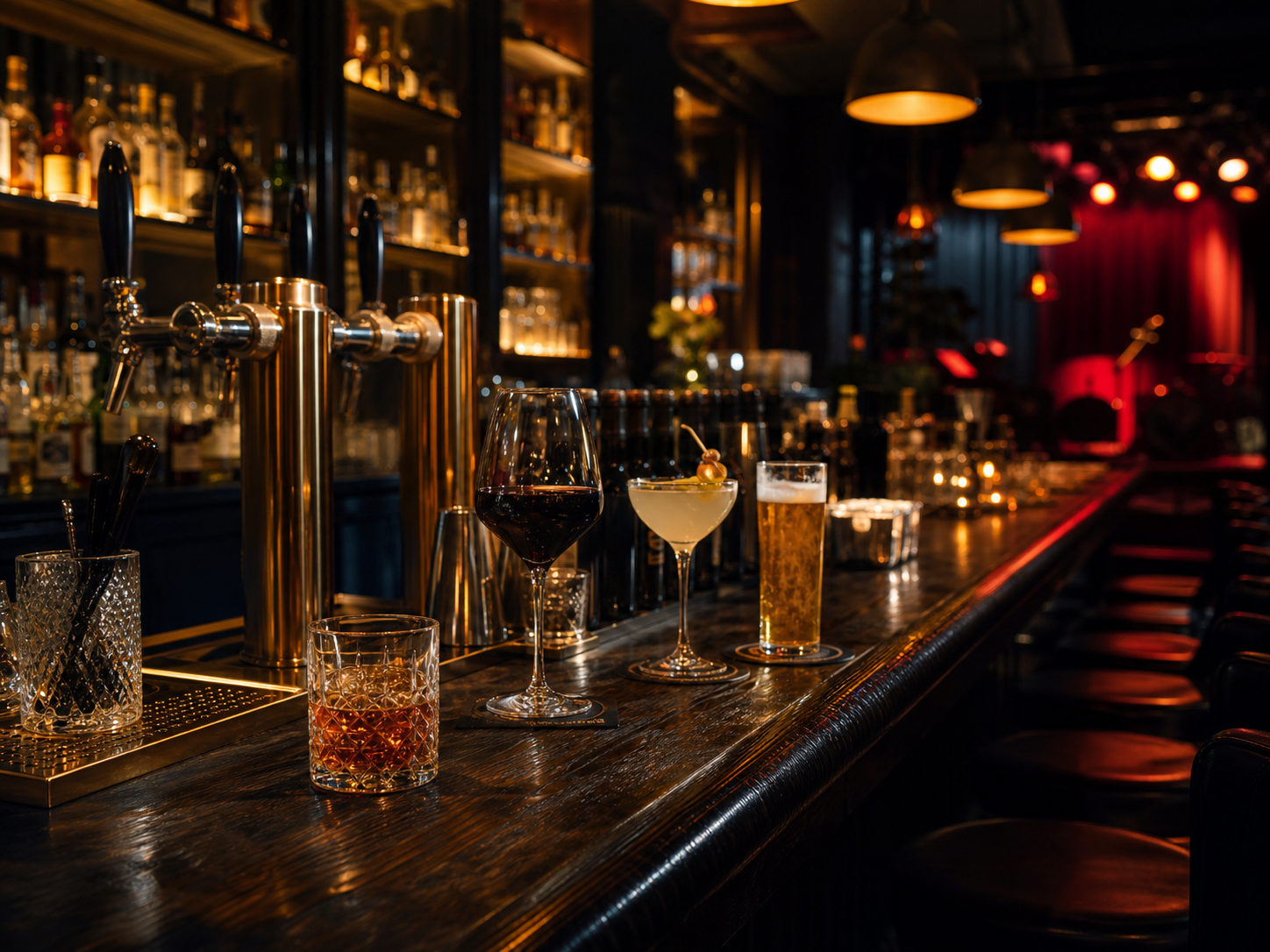 Balcão de bar com drinks, chope e palco ao fundo