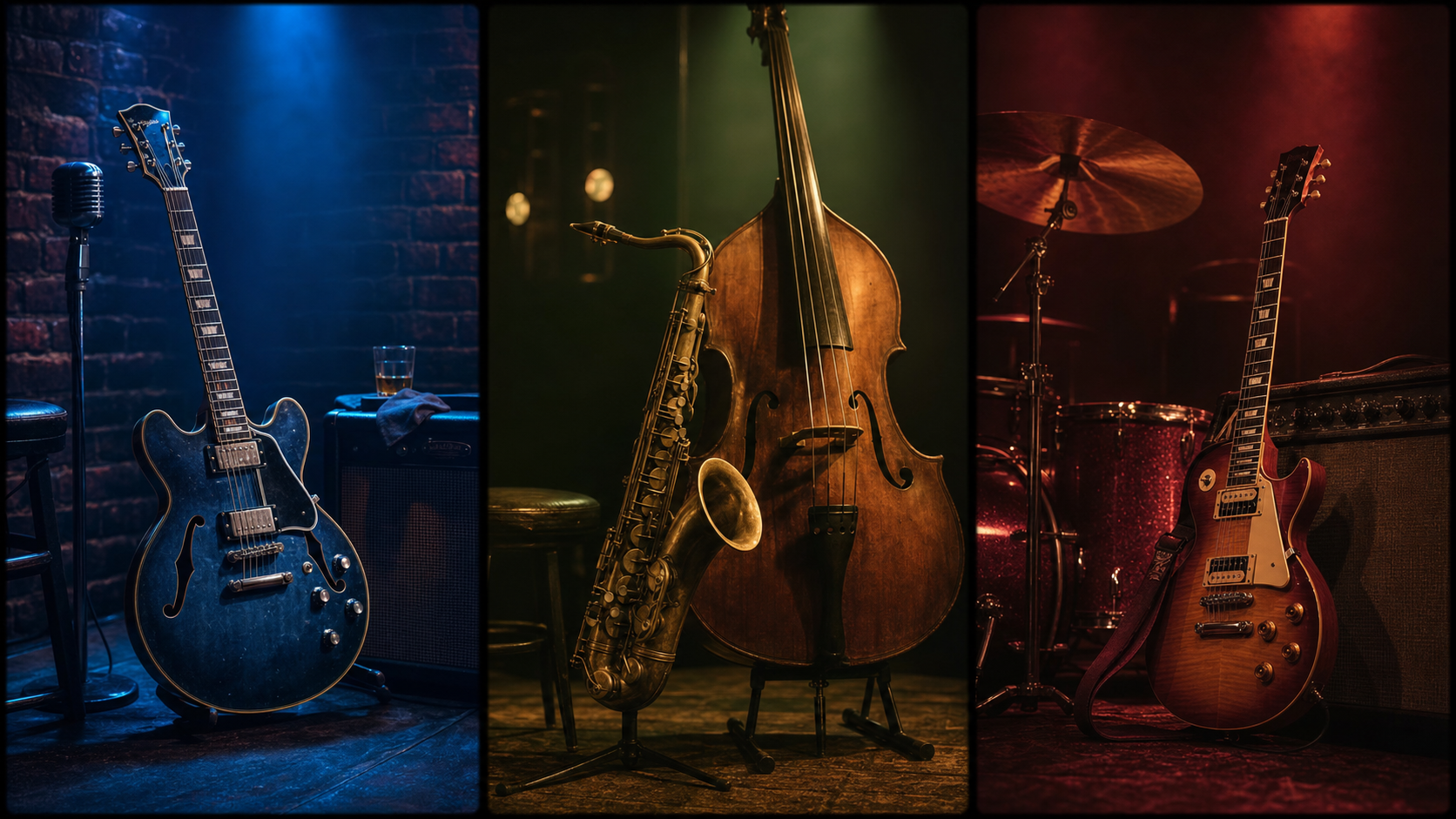 Tríptico visual com guitarra blues, saxofone jazz e guitarra classic rock